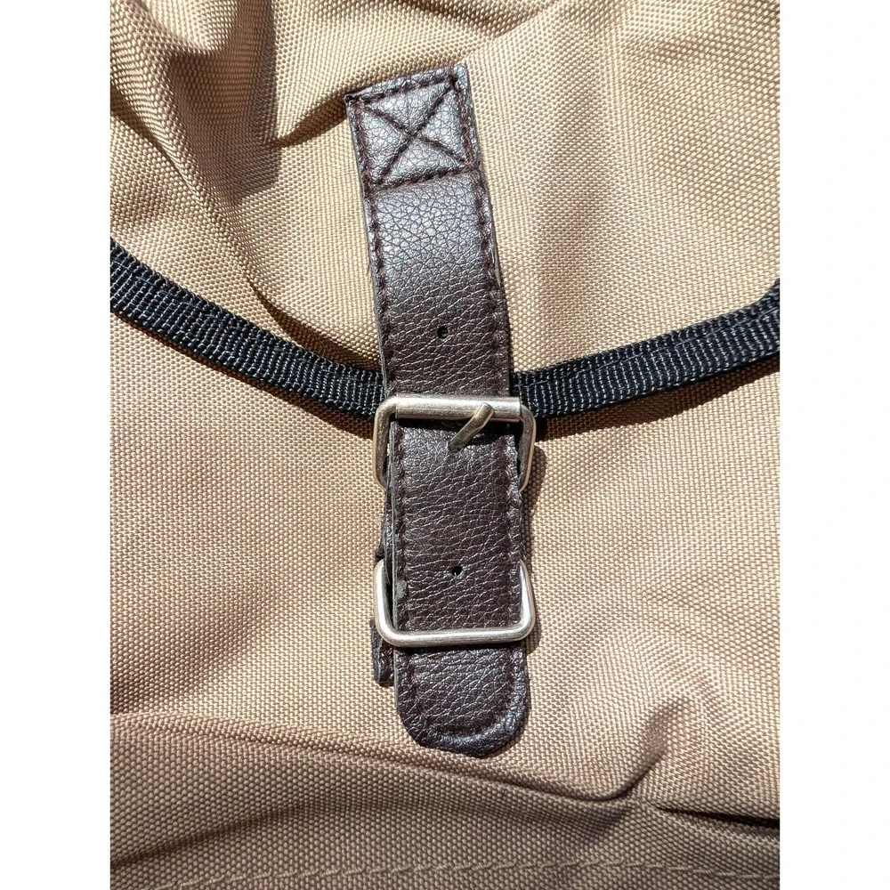 Vintage Sierra Club Backpack Tan Nylon Canvas Faux Leather Logo 14x6.5x10 inches
